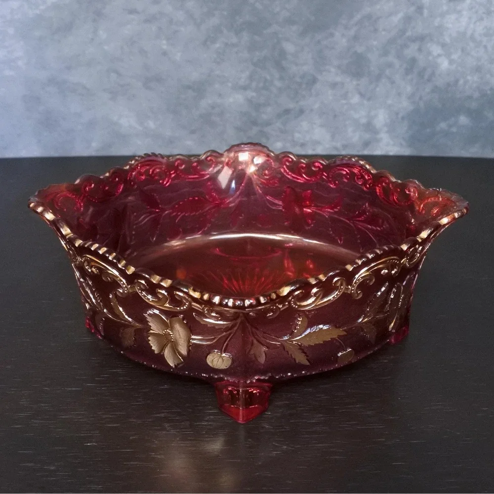 Antique Victorian US Glass Cranberry Flash Gold Floral Embossed Footed Bowl